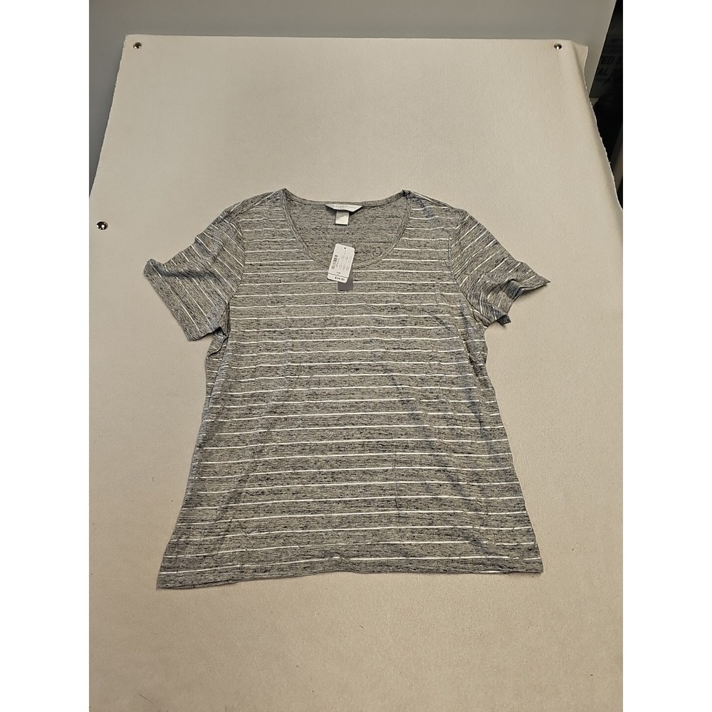 Christopher & Banks Shirt Petite Med  Gray White Striped T Shirt Metallic Stripe